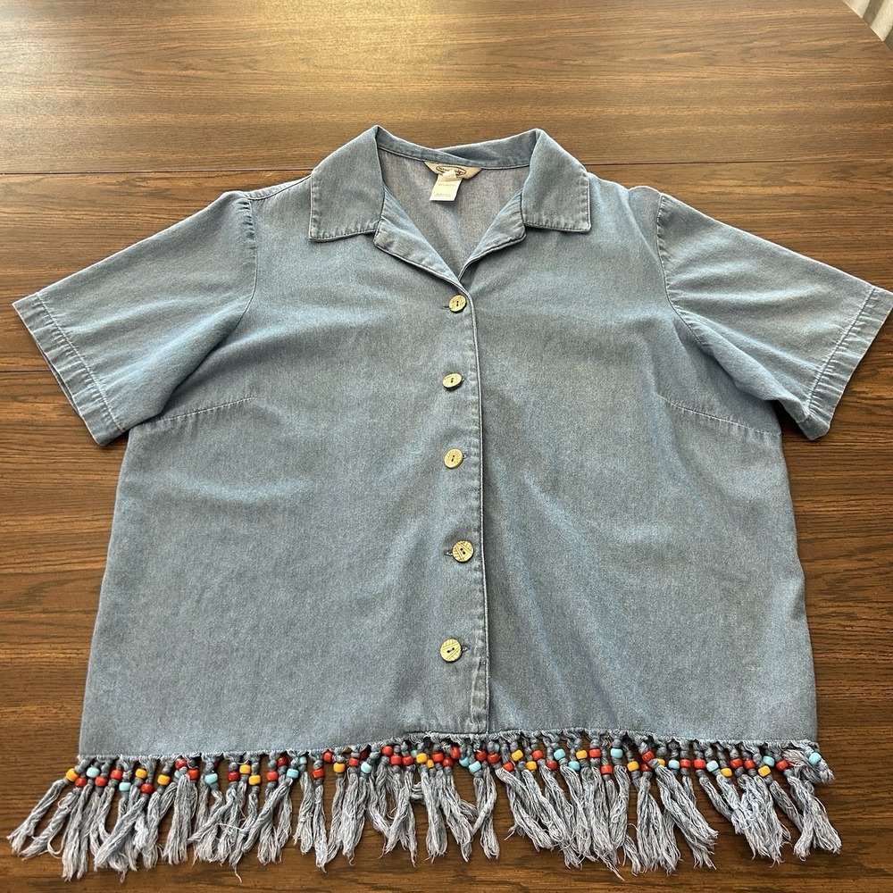Stonebridge 1X Chambray‎ Denim Beaded Fringe Hem Shirt Festival Western Plus